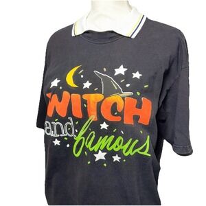 VTG 90s Witch and Famous Halloween‎ Shirt Black Collar Polo Graphic Womens L Tee